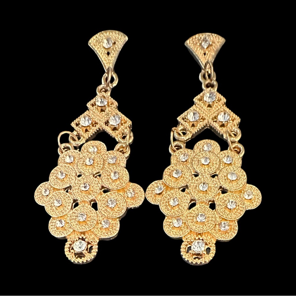 Ellas Chandelier Earrings Gold Tone Rhinestone Inlay New